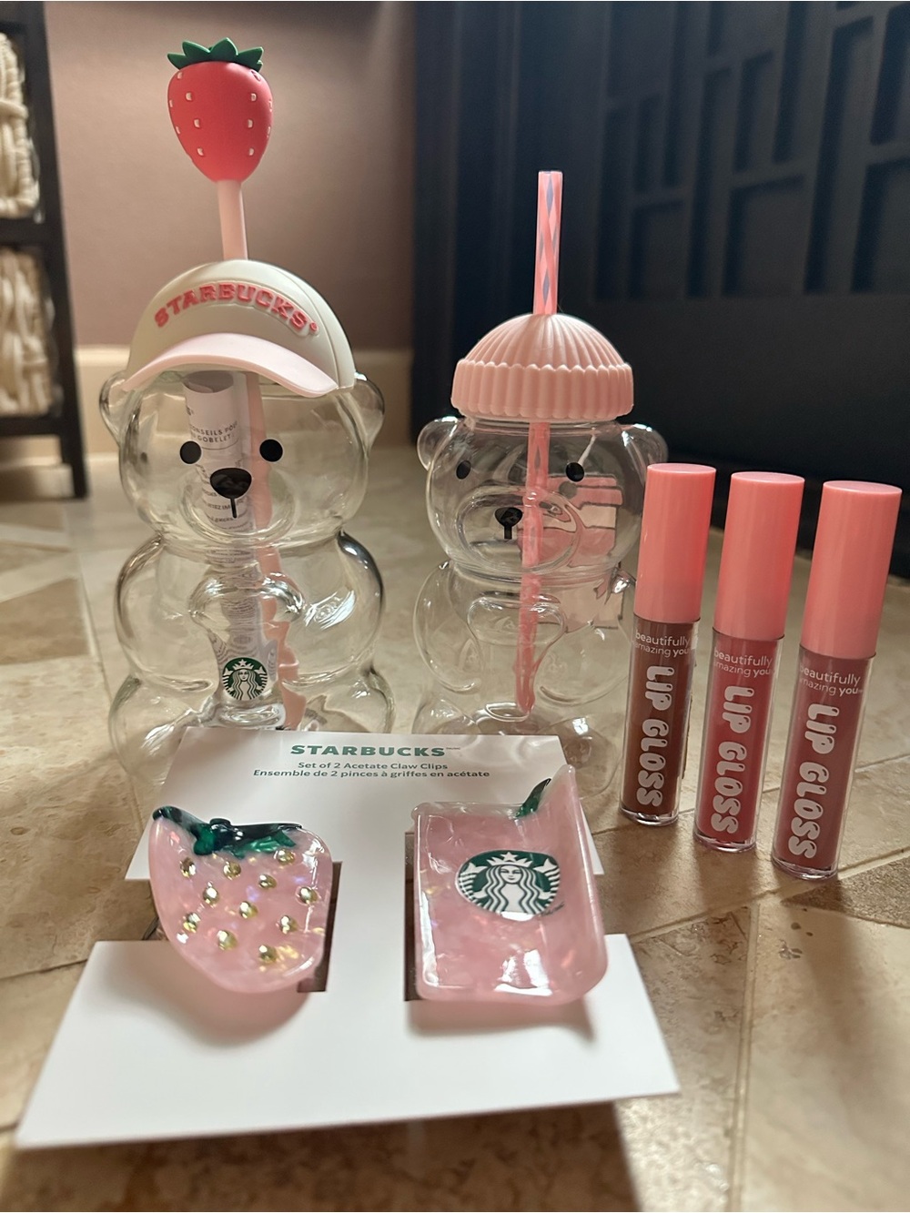 Starbucks Pink Strawberry Bear Drink Set with Lip Gloss